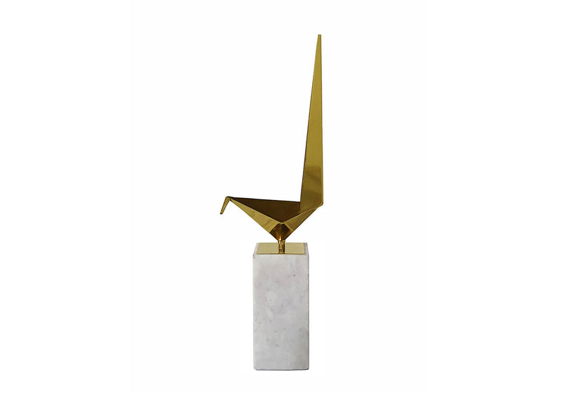 Escultura Pájaro Origami Dorado Base Mármol Alto