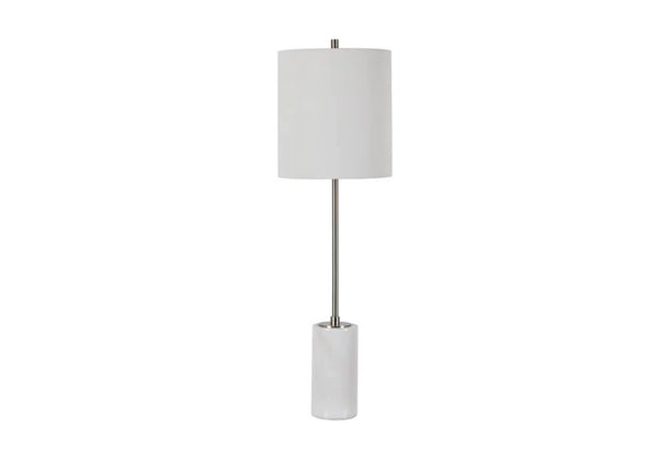 Lampara Cromada Base Cilindro de Mármol Blanco