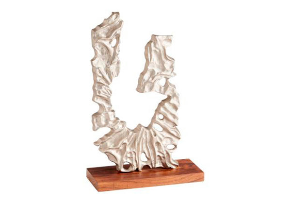 Escultura Abstracta Plateada con Base Madera Nogal